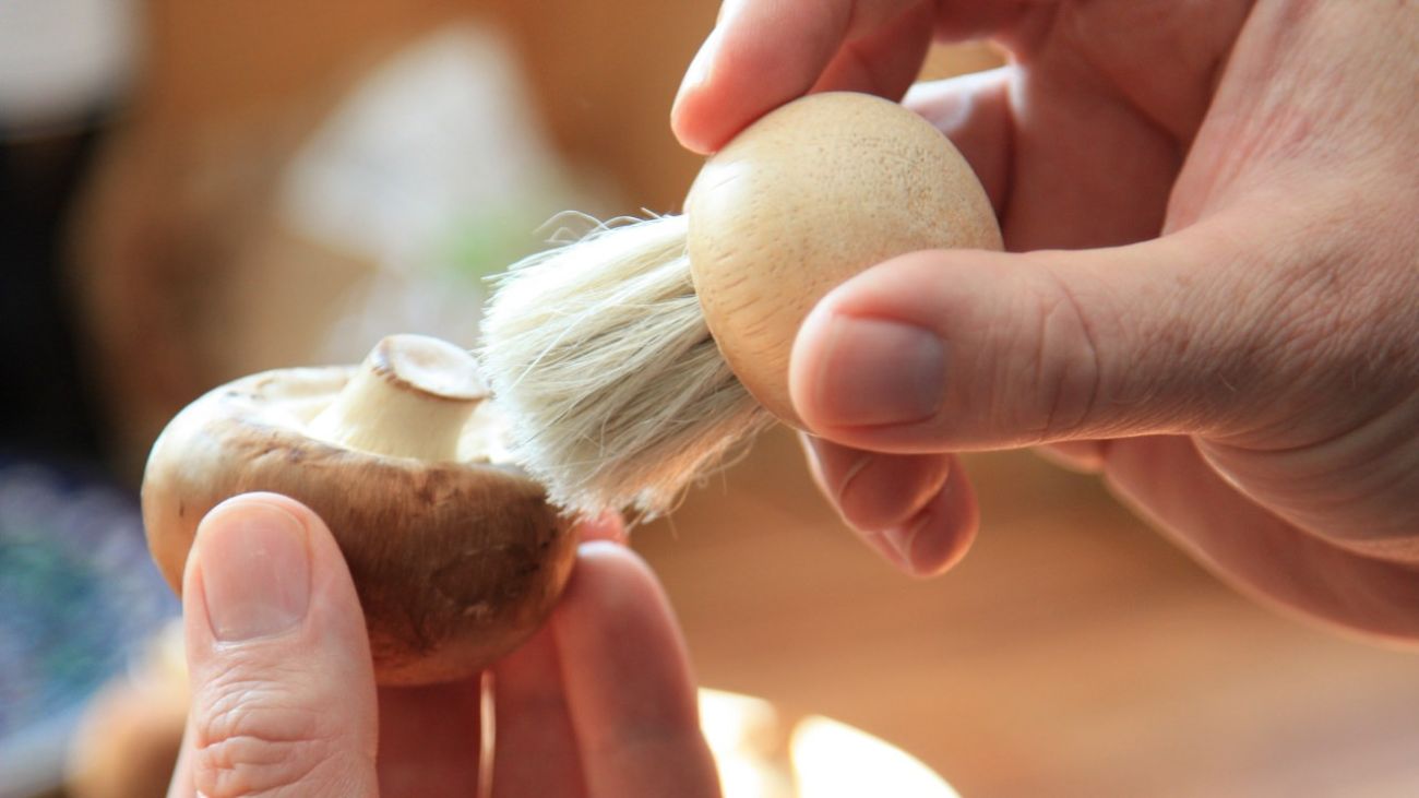 Durchfall durch Champignons, Champignon wird mit einer Pilzbürste gesäubert