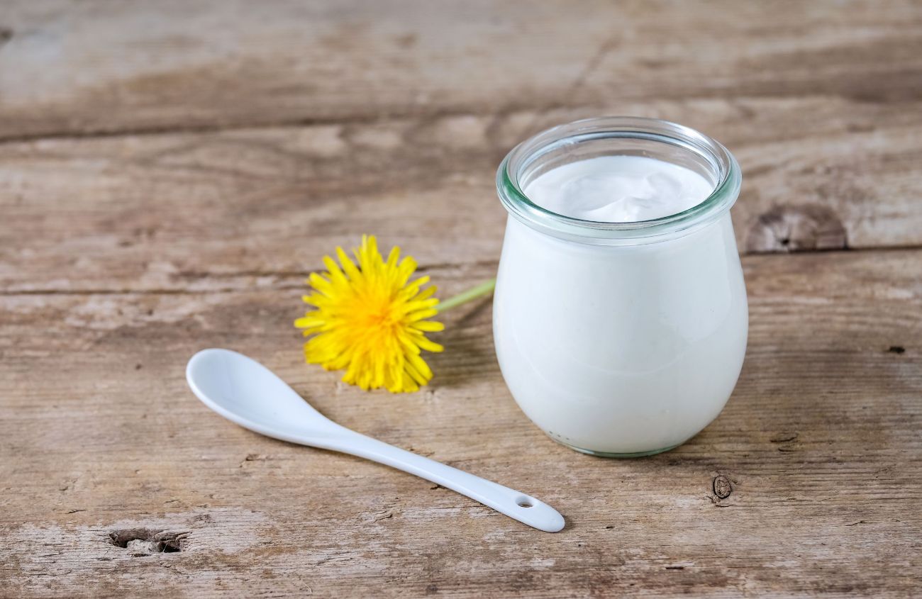 Mikrobiom, weißer Löffel und Glas mit weißem Joghurt auf hölzernem Grund