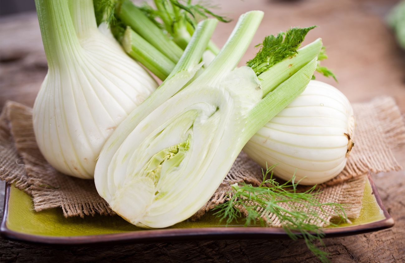 Alternativ zu Zwiebeln, Fenchel, angerichtet auf einer Platte