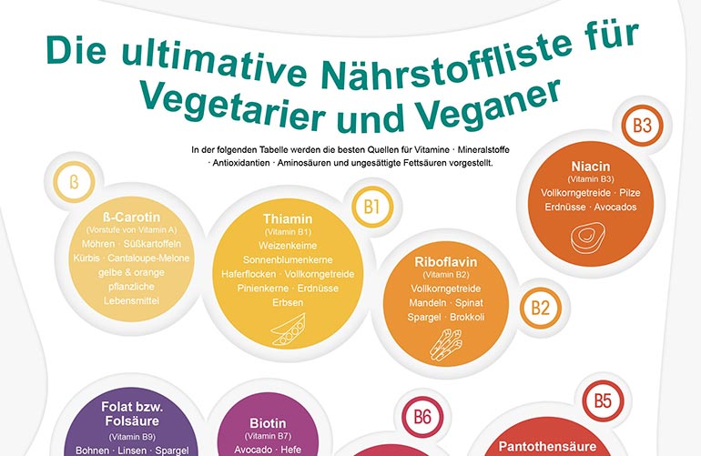 Ausschnitt aus der Nährstoffliste für Vegetarier und Veganer zeigt Vitamine und deren Quellen